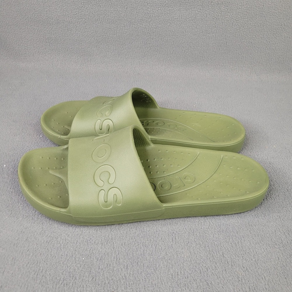 Crocs Unisex Classic Slides 2.0 Army Green Spellout Mens 9 Womens 11